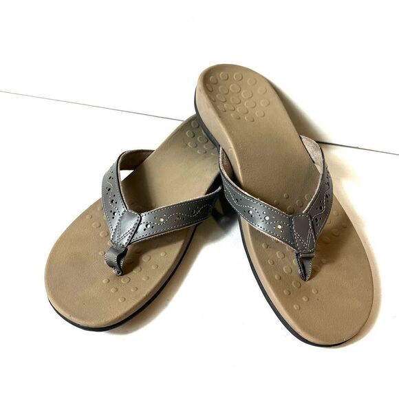 Vionic Gray Faux Leather Thong Summer Sandals Women's 11 Comfort Casual "Aliza" - Picture 2 of 9